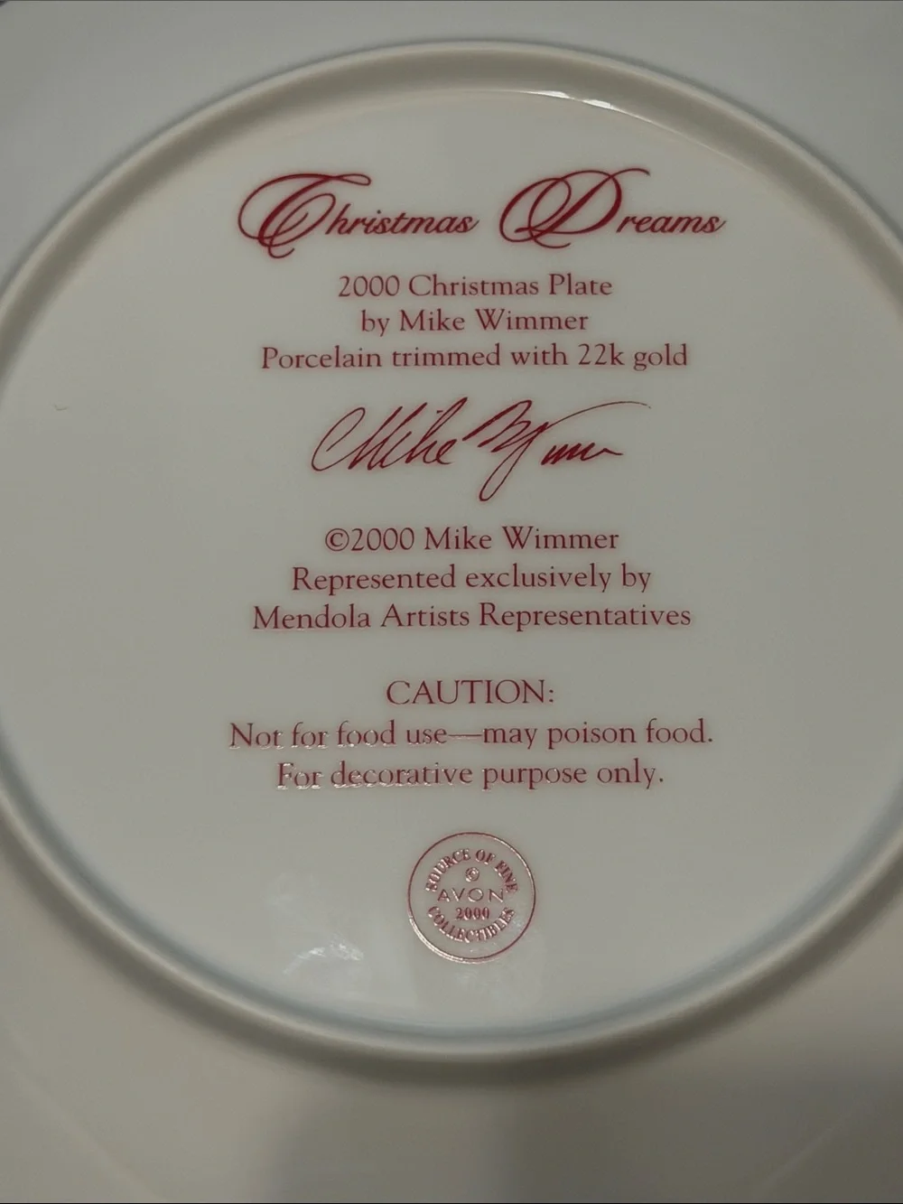 Avon 2000 Holiday Decorative Plate - 22K Gold Rim.